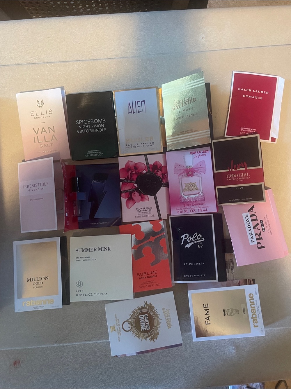 Assorted Mini Perfume Sample Lot with Pink, Black, Gold & White Packaging